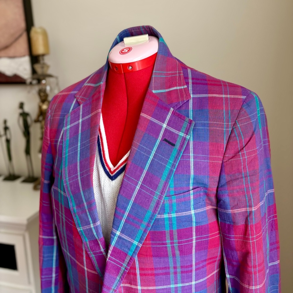 Vibrant Pink & Purple Plaid Men's Blazer - Picture 16 of 16